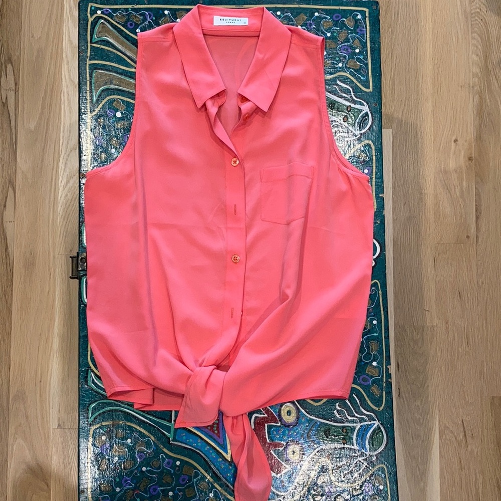 Coral Silk Button Front Blouse